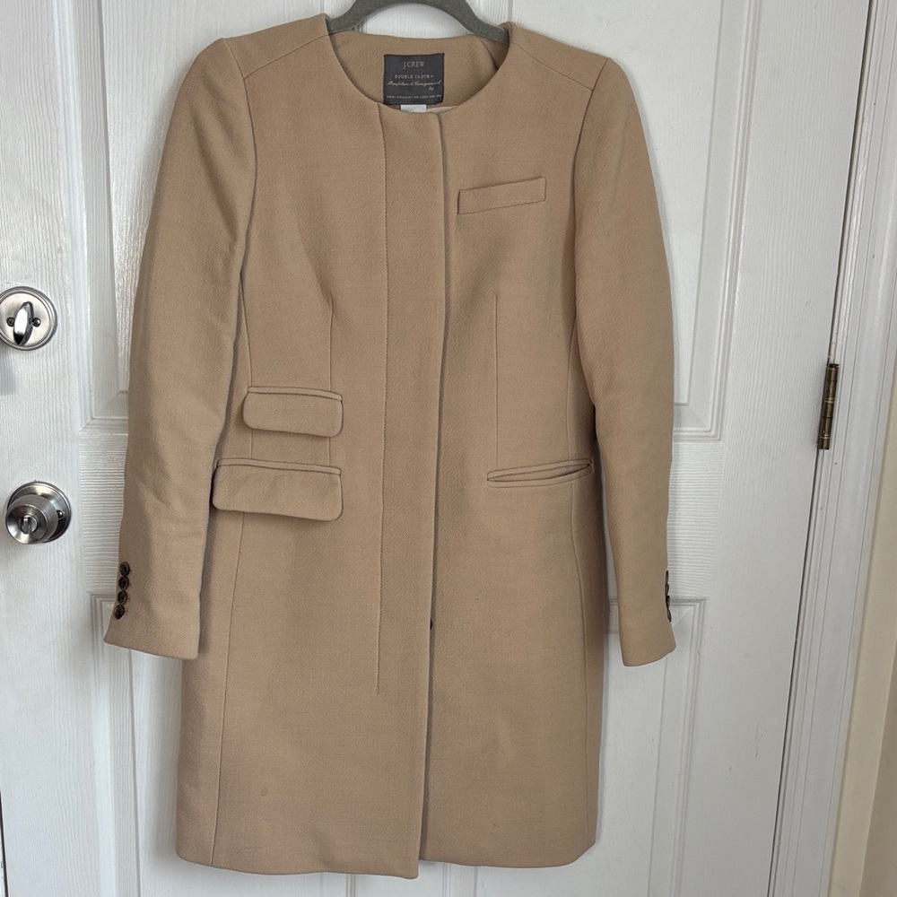 J. Crew Double Cloth Tan Symphony Coat Wool Blend Size 2 pea coat no collar